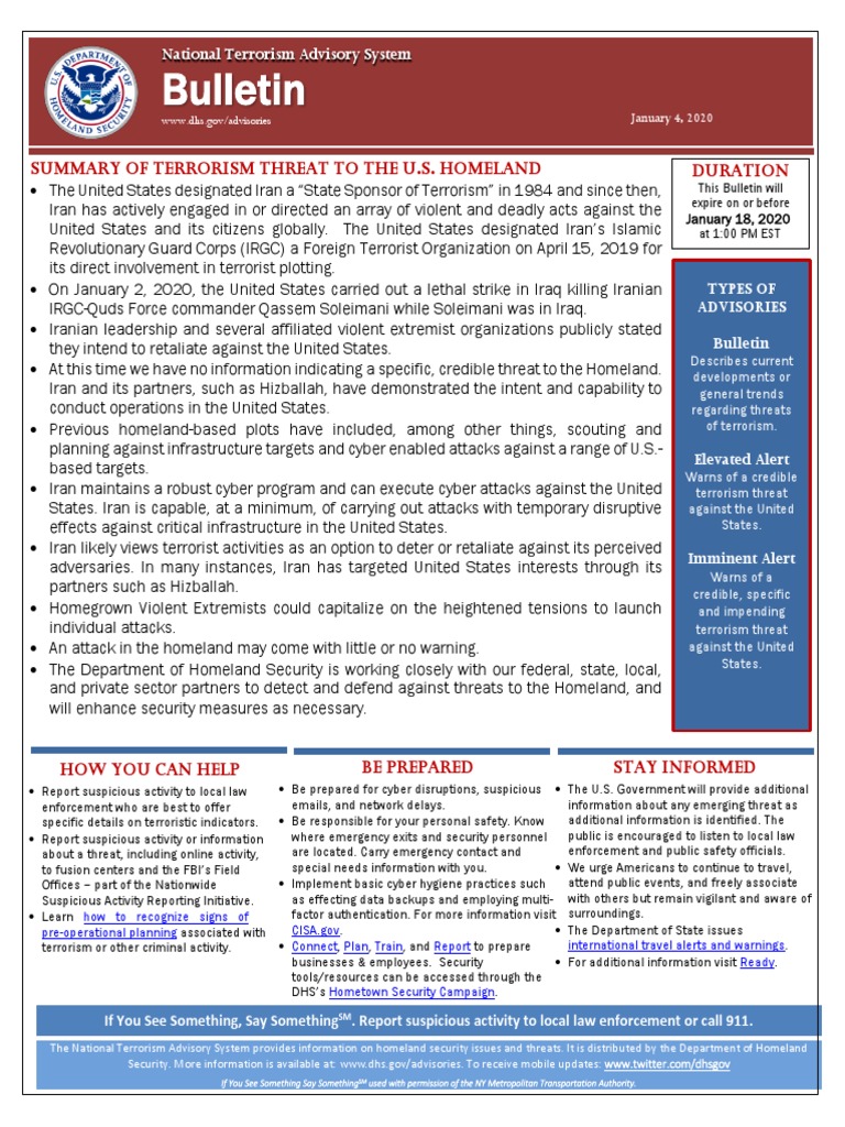 20 0104 Ntas Bulletin United States Department Of Homeland Security
