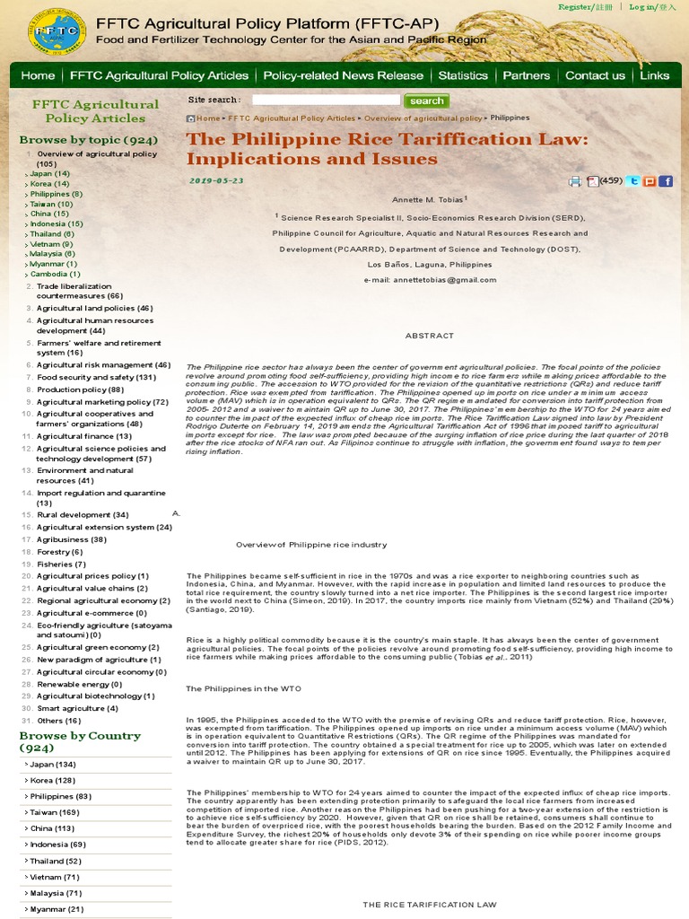 The Philippine Rice Tariffication Law Implications and Issues PDF