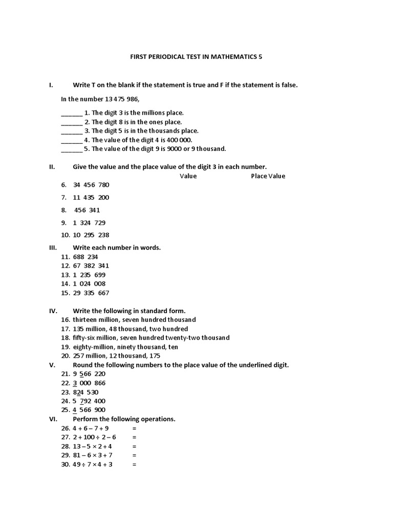 Math Test for Grade 5 Students | PDF | Numbers | Mathematical Notation