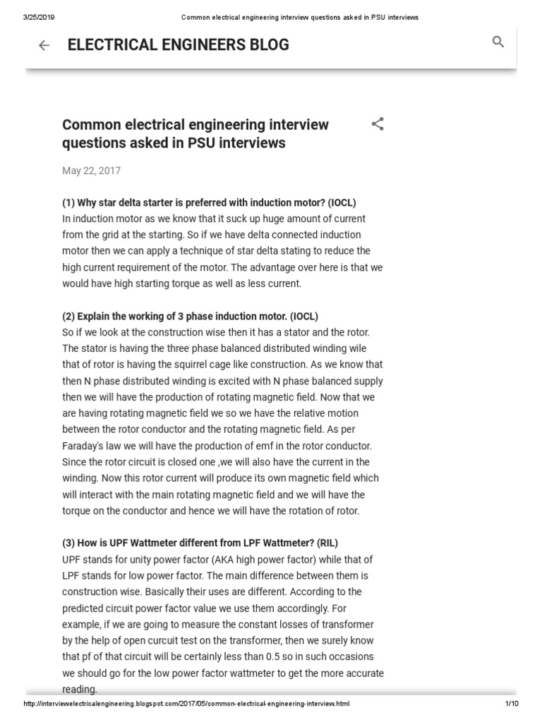 Common Electrical Engineering Interview Questions Asked in PSU Interviews PDF Electric Motor