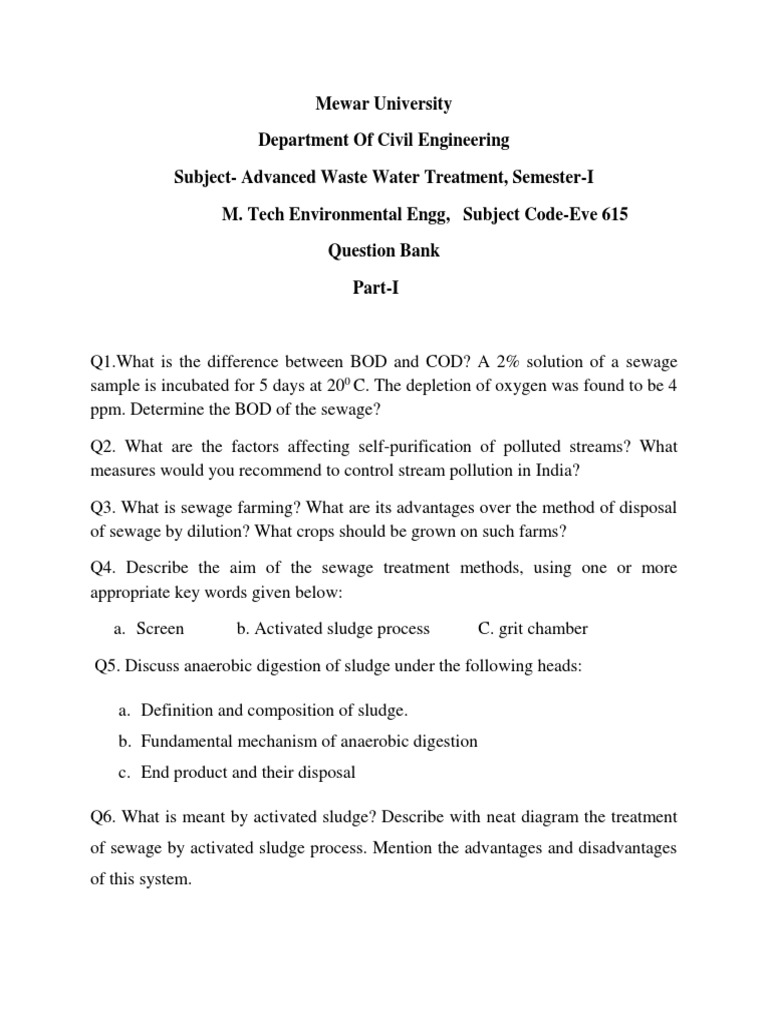 Mewar University Department of Civil Engineering Question Bank for