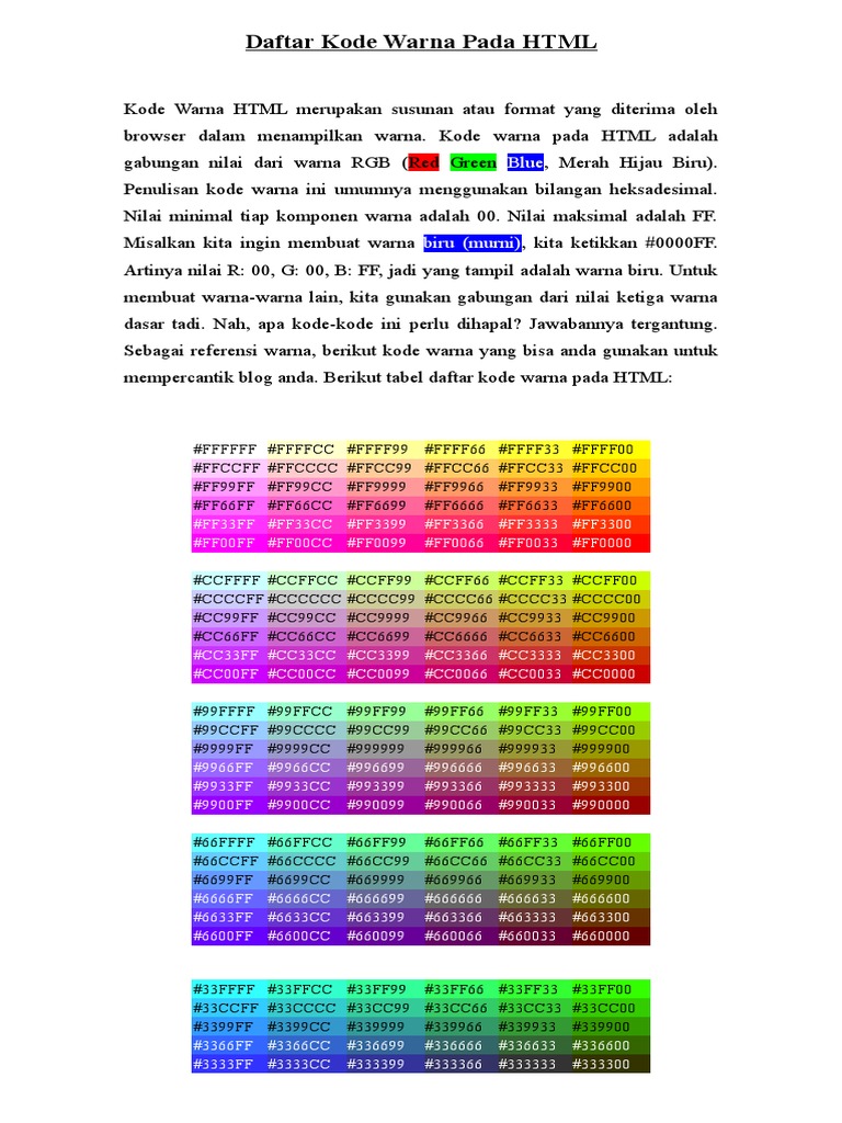 Daftar Kode Warna Pada HTML | PDF