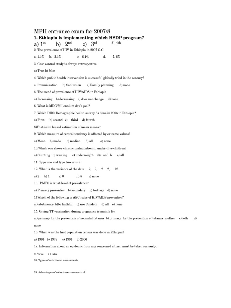 MPH Entrance Exam Questions Ethiopia | PDF | Level Of Measurement ...