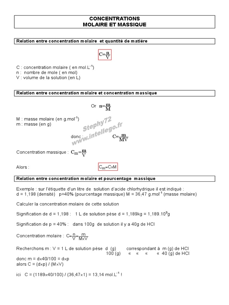 Concentration Molaire et Massique | PDF | Concentration molaire ...