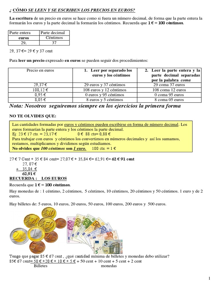 Como Se Leen y Se Escriben Los Precios en Euros