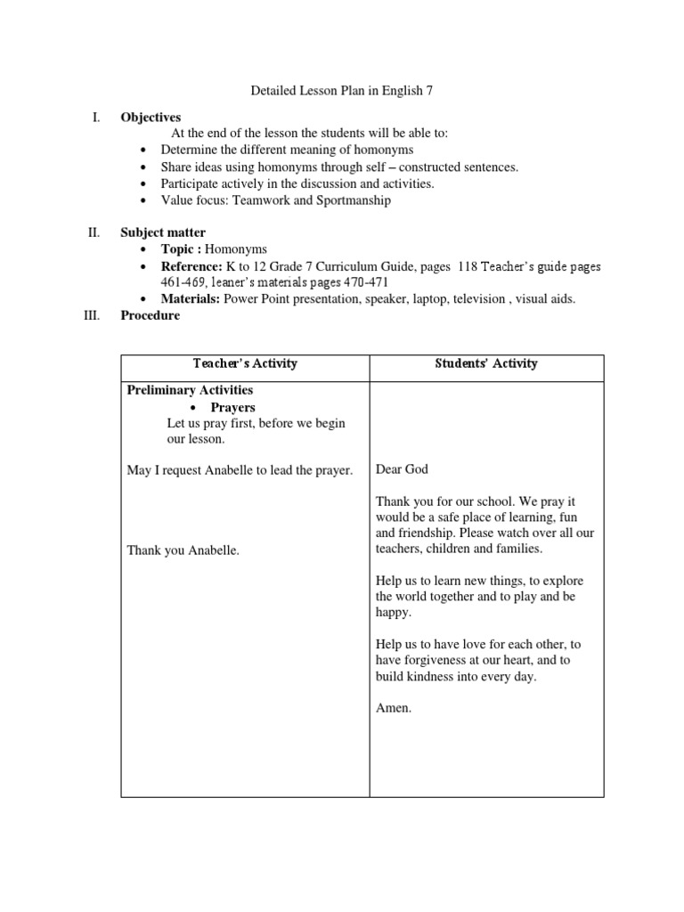 Grade 7 Homonyms Lesson Plan | PDF | Pitcher | Lesson Plan