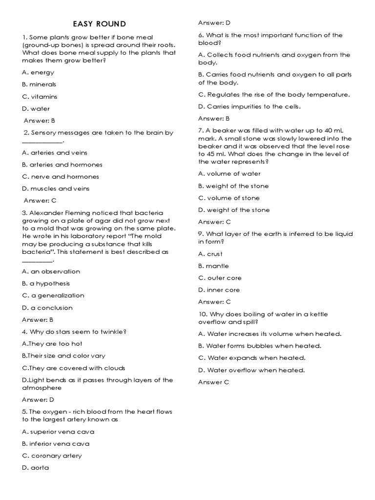 Science Quiz Bowl PDF Vein Heart