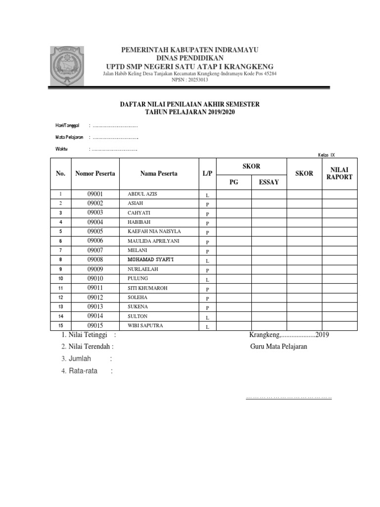 Format Nilai Raport | PDF