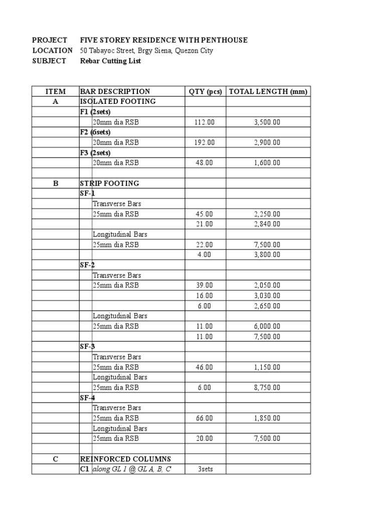 Rebar Cutting List.xlsx Materials Engineering