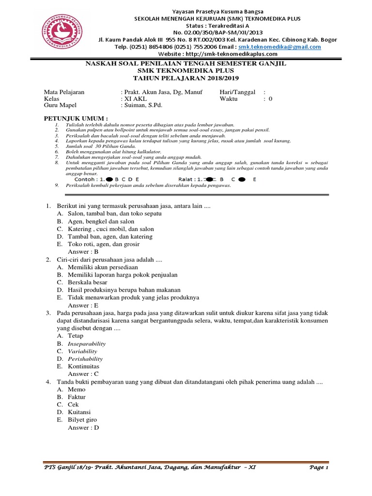 Soal Praktikum Akuntansi Perusahaan Jasa Dagang Dan Manufaktur Kelas 11