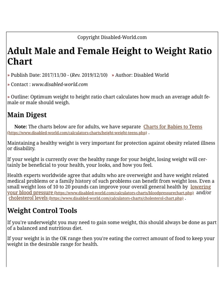 Adult Male and Female Height To Weight Ratio Chart Disabled World