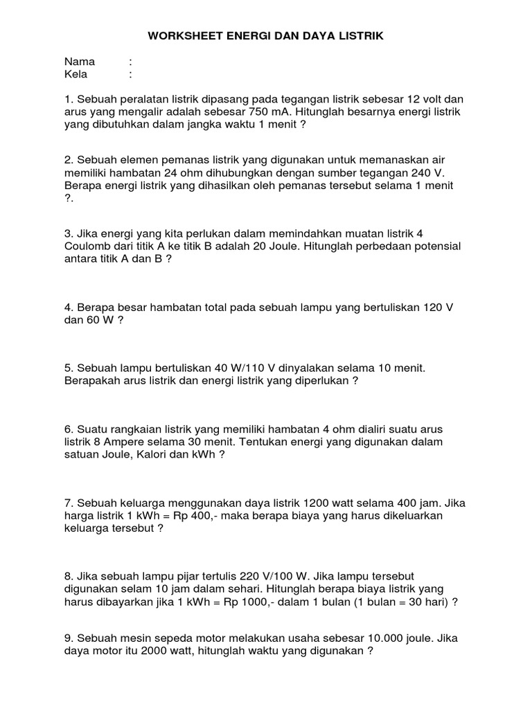 Latihan Soal Energi dan Daya Listrik Kelas 9 | PDF