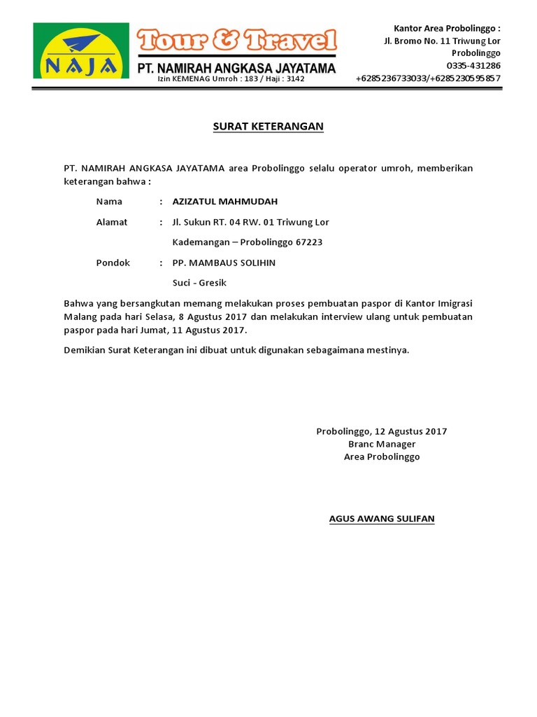 SURAT KETERANGAN Umroh | PDF