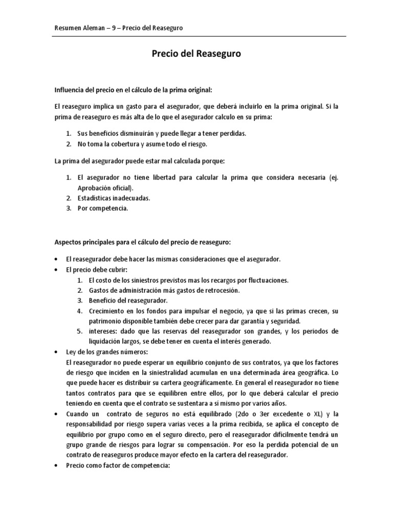 Resumen Aleman - 9 - Cap 5 - Precio Del Reaseguro | PDF | Reaseguro ...