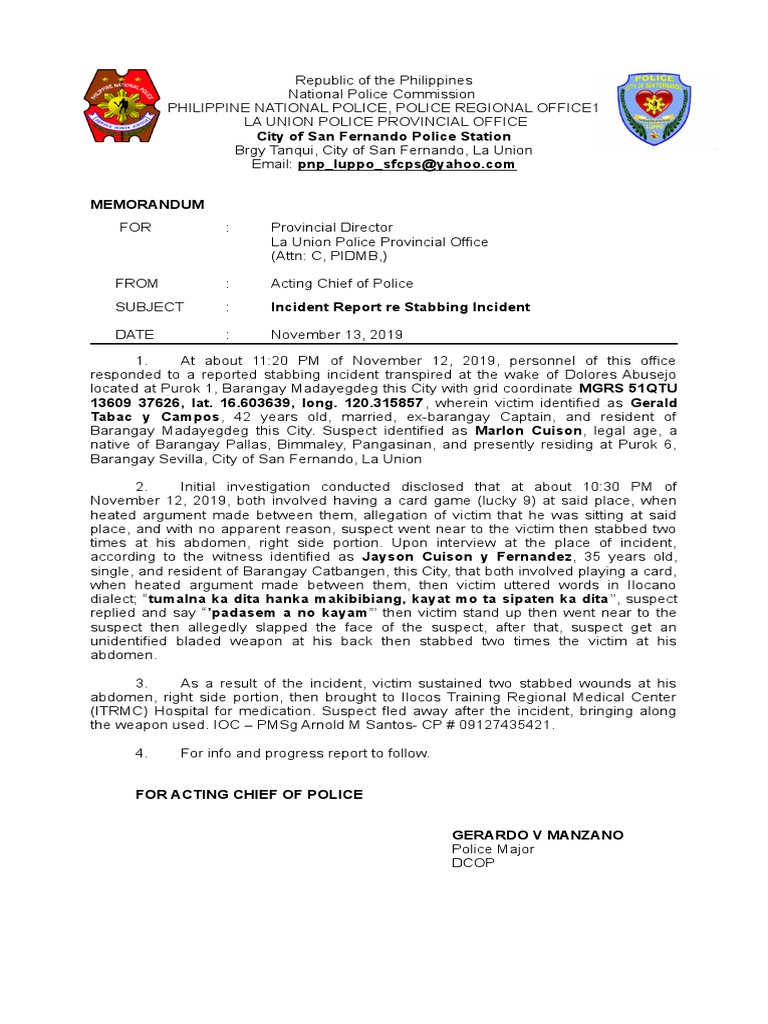 Spot Report Re Stabbing Incident PDF Law Enforcement Crime & Violence