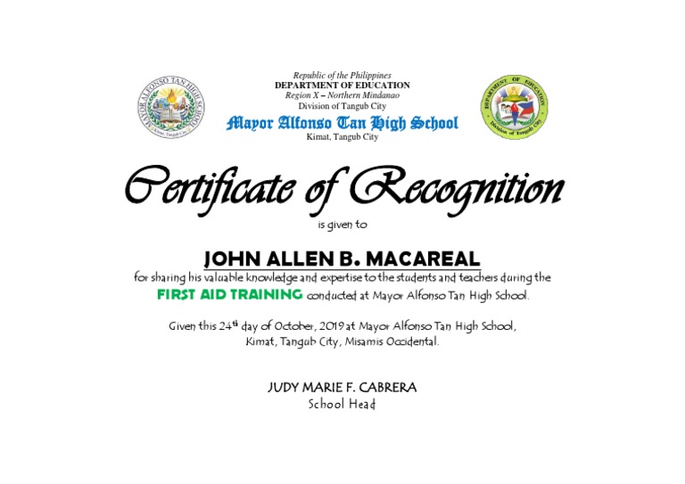 Certificate FIRST AID TRAINING PDF