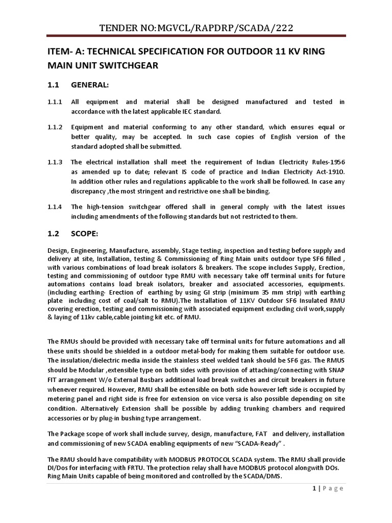 11KV RMU Technical Specifications | PDF | Electrical Wiring | Switch