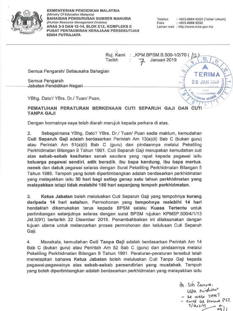 Pematuhan Peraturan Berkenaan Cuti Separuh Gaji Dan Cuti Tanpa 