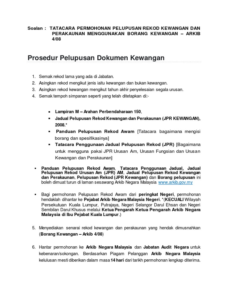 Tatacara Permohonan Pelupusan Rekod Kewangan Dan Perakaunan Menggunakan Borang Kewangan Arkib 4 08 Pdf