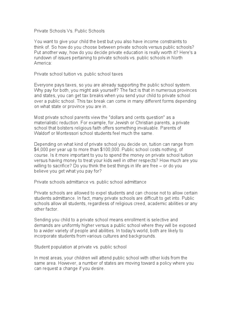 Private Schools Vs Public PDF Private School Schools