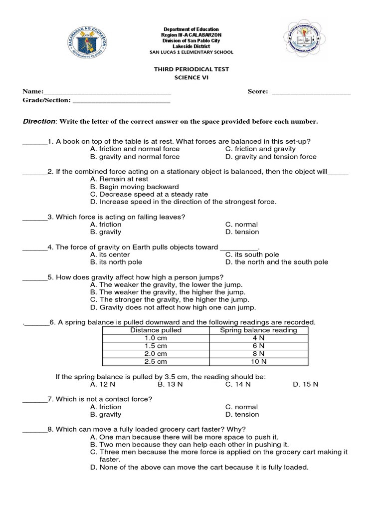Third Quarterly Test in Science 6-2017-2018 | PDF | Lever | Force