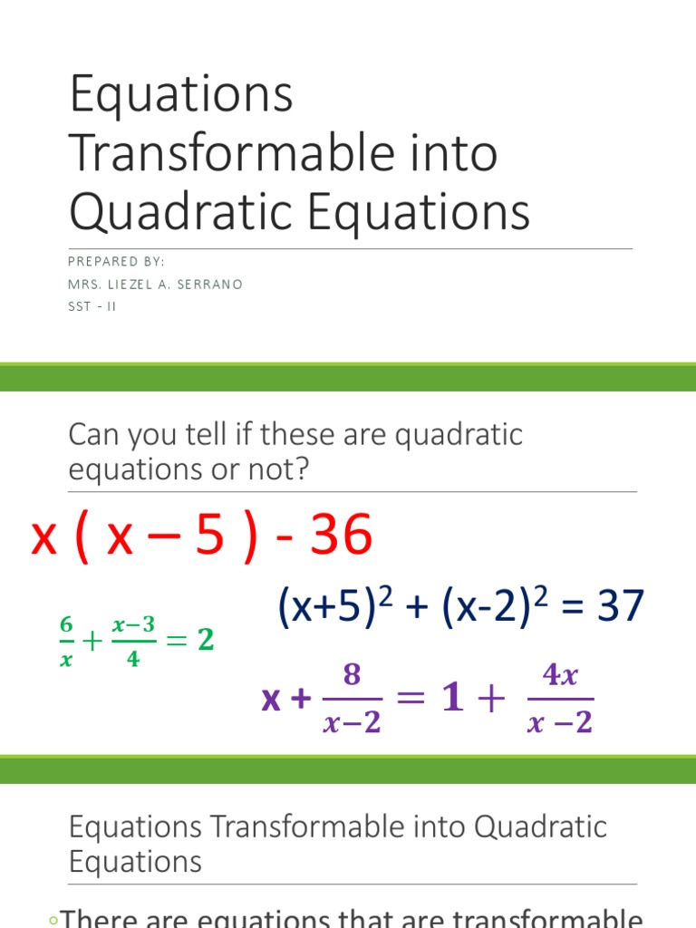 12 Equations Transformable Into Quadratic Equations PDF Equations