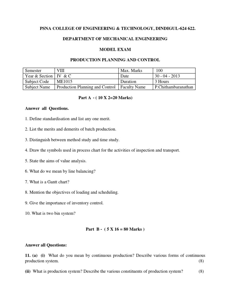 PPC Model Exam | PDF | Scheduling (Production Processes) | Operations ...