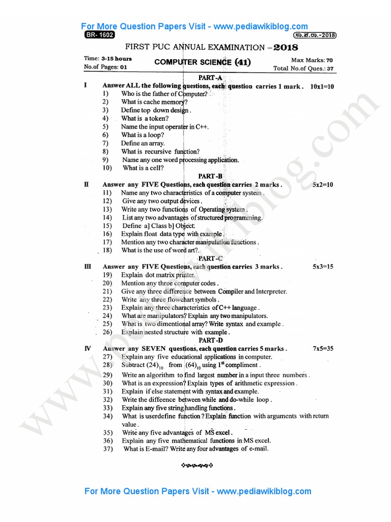 1st PUC Computer Science Feb 2018 PDF | PDF | Algorithms And Data ...