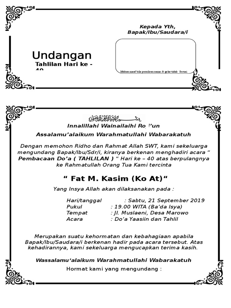 Contoh Undangan Tahlilan 40 Hari Meningg | PDF