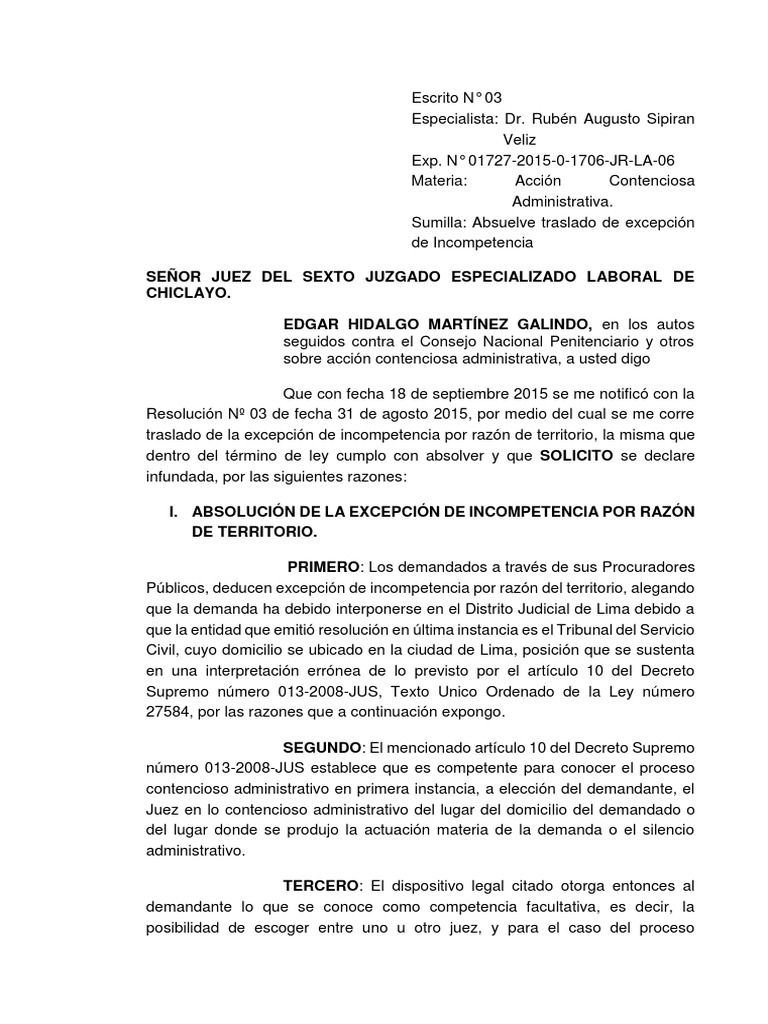 Absolucion Excepcion de Incompetencia | PDF | Ley administrativa | Ley ...