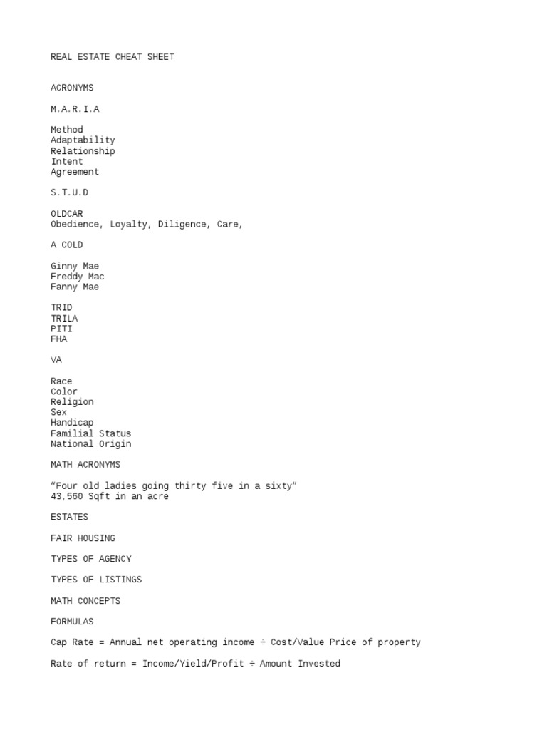 Real Estate Exam Cheat Sheet PDF Interest Money