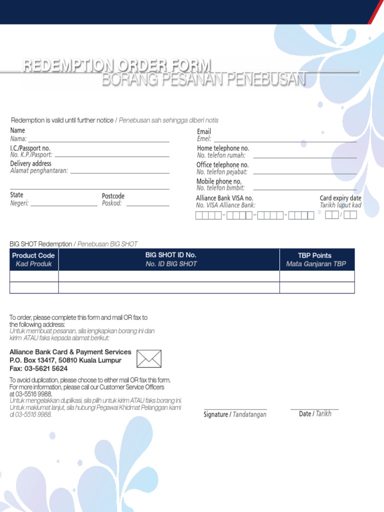 Alliance Bank Redemption Form  PDF