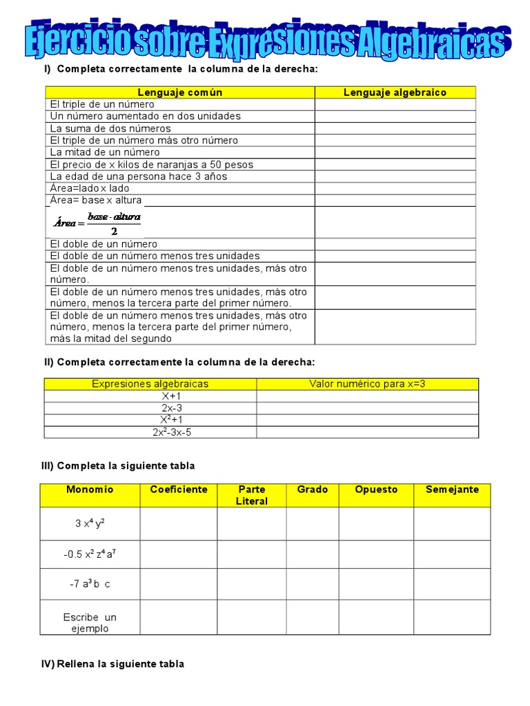 Ejercicios de Expresiones Algebraicas | PDF | Matemáticas Aplicadas ...