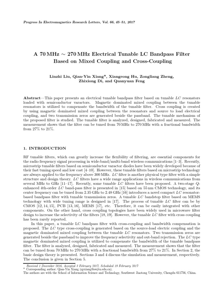 A 70 MHZ 270 MHZ Electrical Tunable LC Bandpass Filter PDF