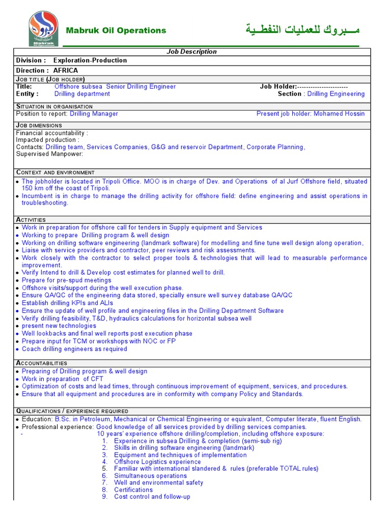 Job Description Senior Drilling Engineer PDF Offshore Drilling