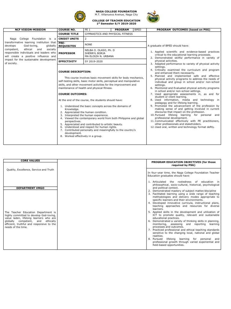 PE 1: Gymnastics and Fitness Syllabus | PDF | Lifelong Learning ...