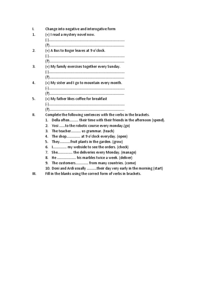 Negative and Interrogative Form Exercises | PDF | Language Arts ...