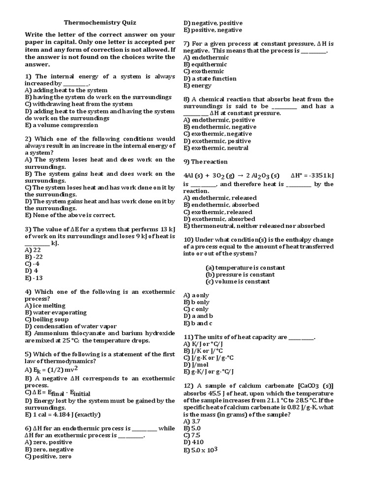 Thermochemistry Quiz Enthalpy Celsius