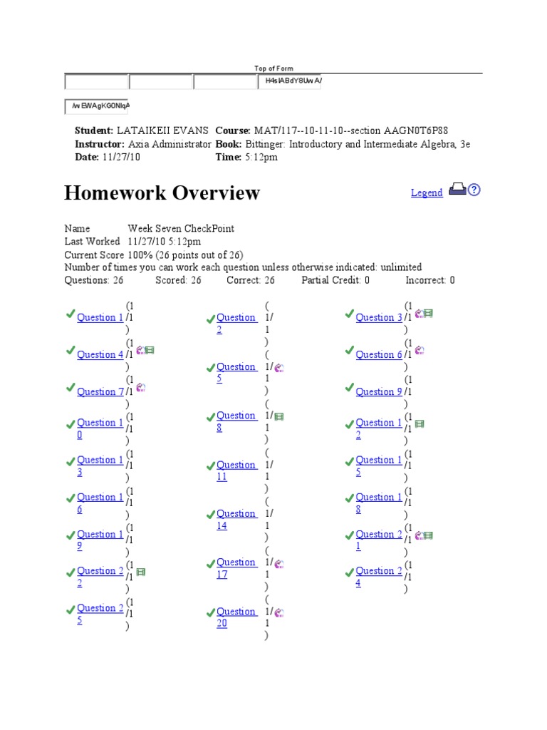 Week Seven Algebra Homework Results | PDF | Algebra | Teaching Mathematics