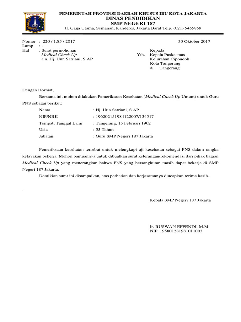 Contoh Surat Permohonan Medical Check Up