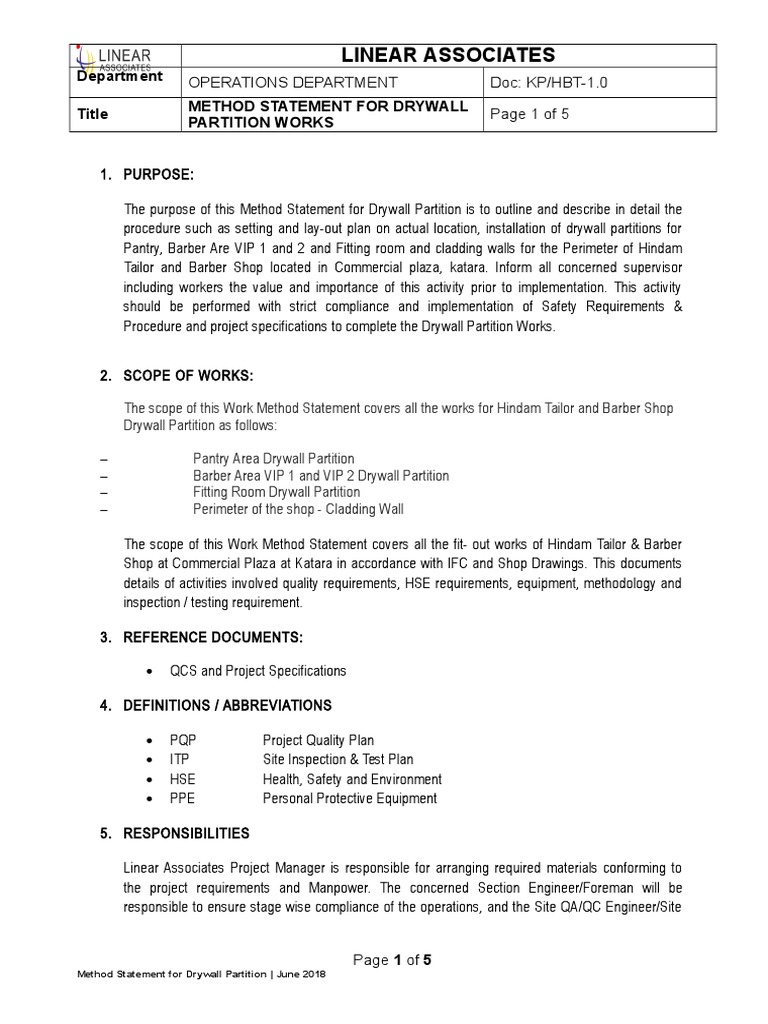 Drywall Partition Method Statement | PDF | Framing (Construction) | Drywall