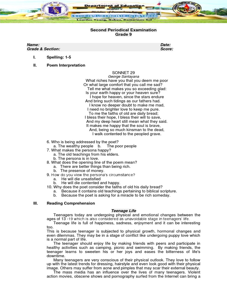 Grade 9 English 2nd Quarter Exam | PDF | Poetry | Narration