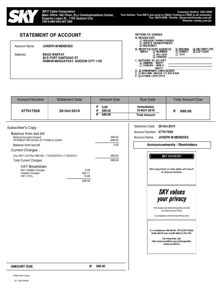 Sky Cable Sample Receipt | PDF | Cheque | Payments