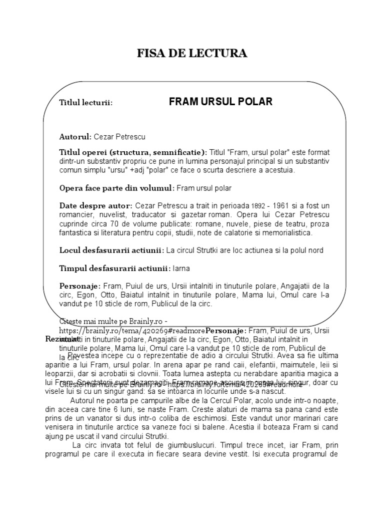 Fisa De Lectura Fram Ursul Polar