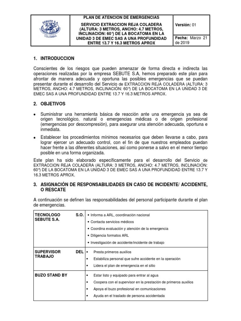 Plan de Emergencias para Extracción de Reja | PDF | Primeros auxilios ...