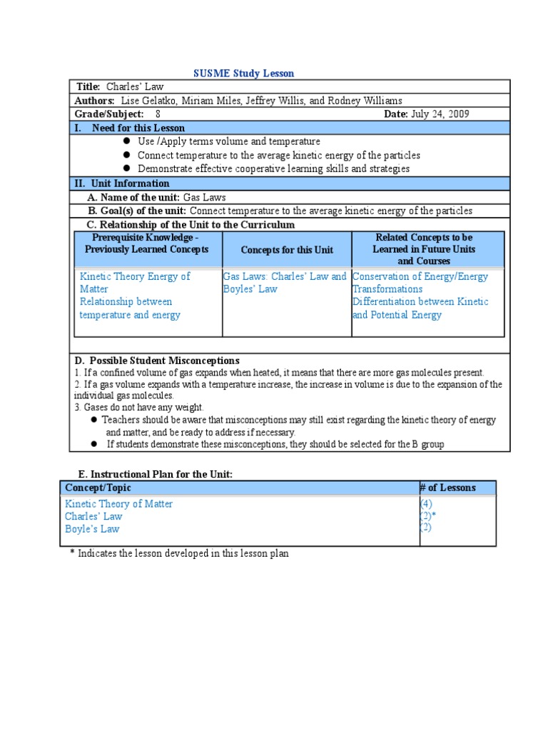 Charles Law Lesson Plan | PDF | Gases | Temperature