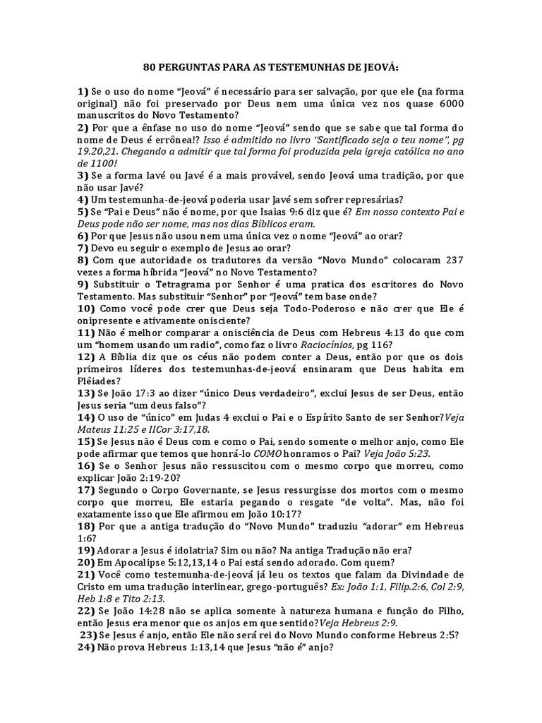 80 Perguntas para As Testemunhas de Jeová | PDF | YHWH | Bíblia