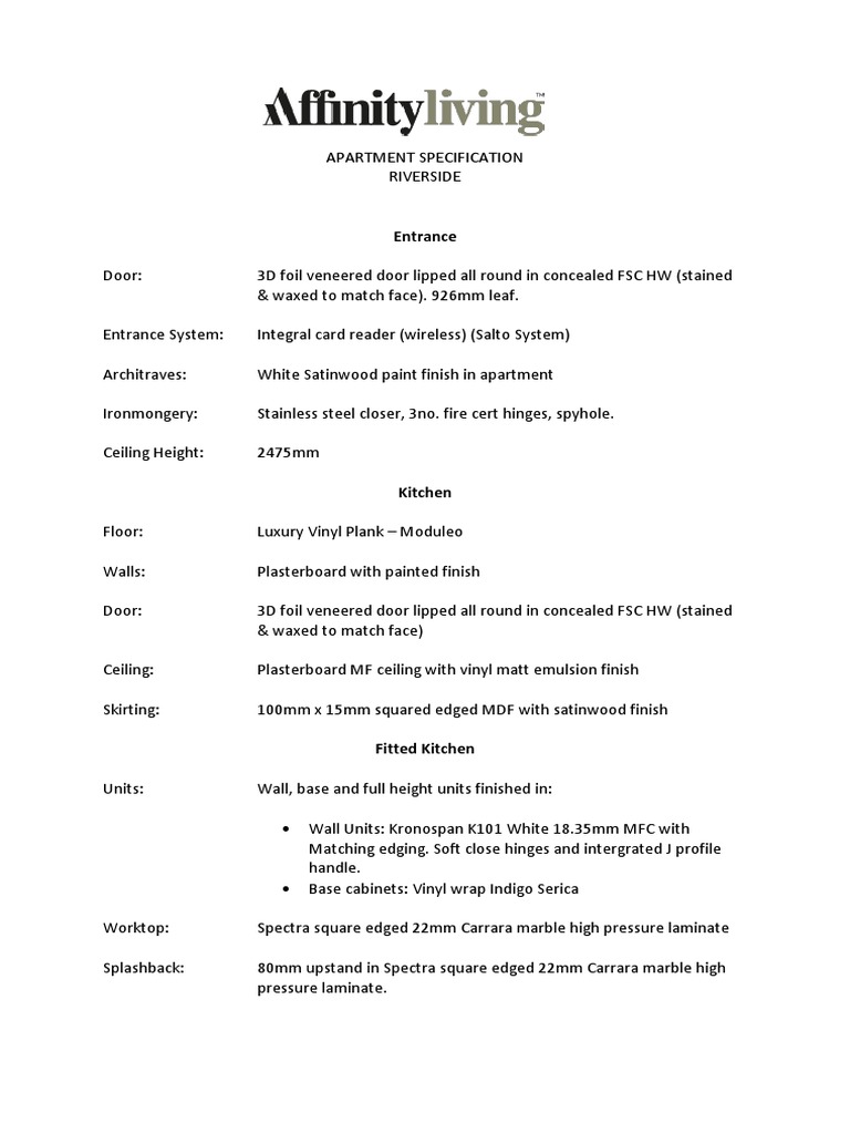 Riverside Apartment Specifications | PDF | Bathroom | Building Materials