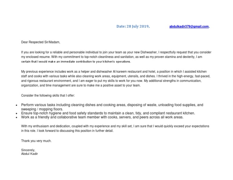 Cover Letter Dishwasher PDF