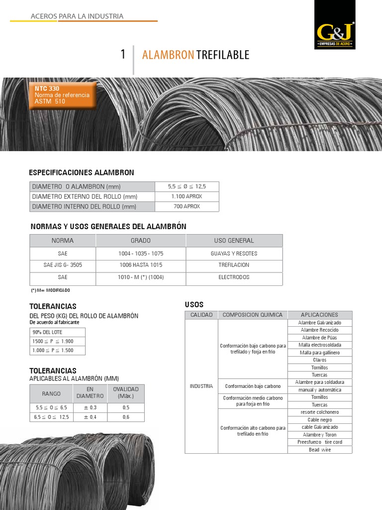 Especificaciones del Alambrón Trefilable | PDF | Cable | Materiales de ...